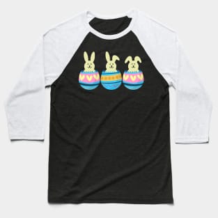 Three Easter Smiling Bunnies in Colorful Eggs Baseball T-Shirt